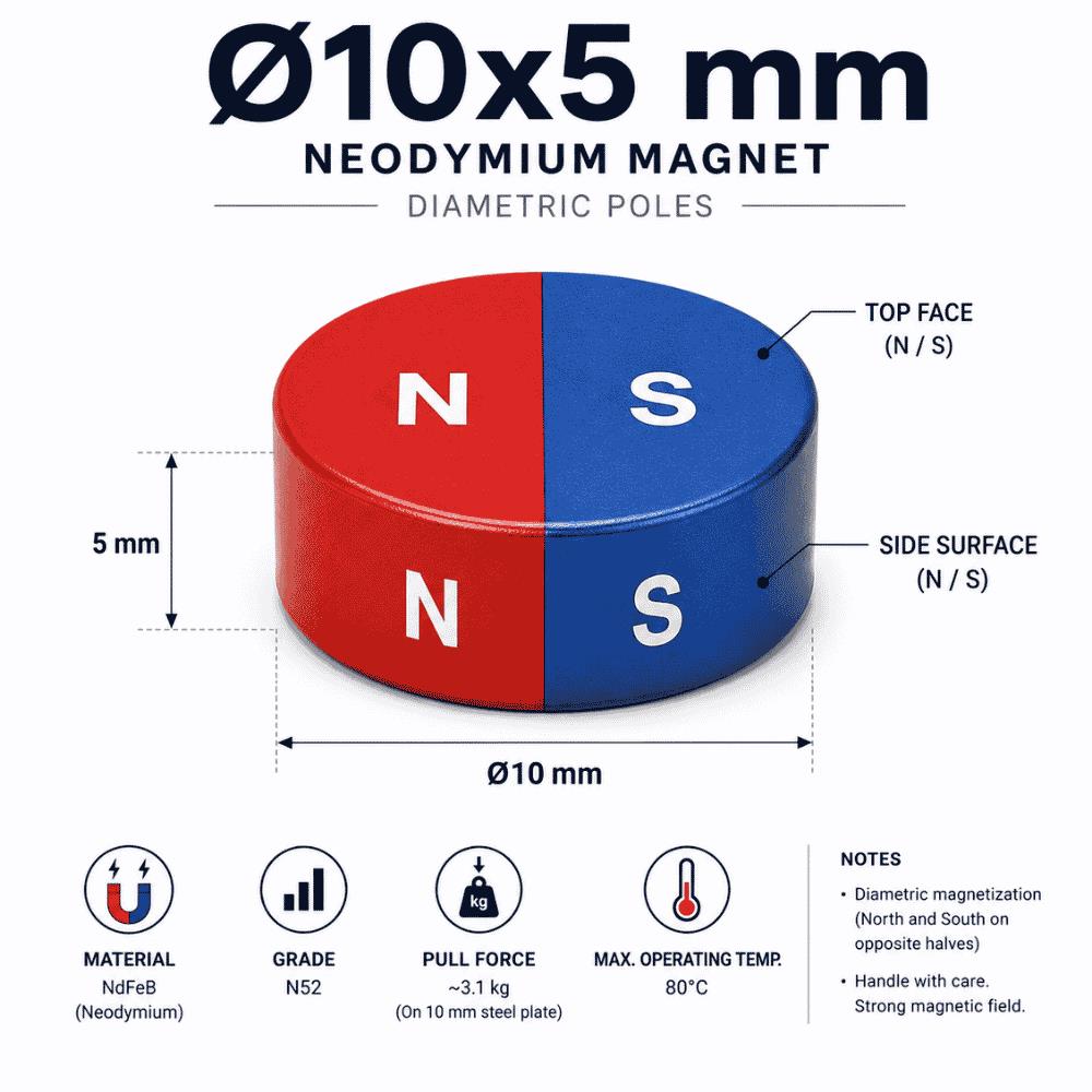 Ø10x5 mm N35 Diametrical Magnetization Neodymium Magnet - N | S