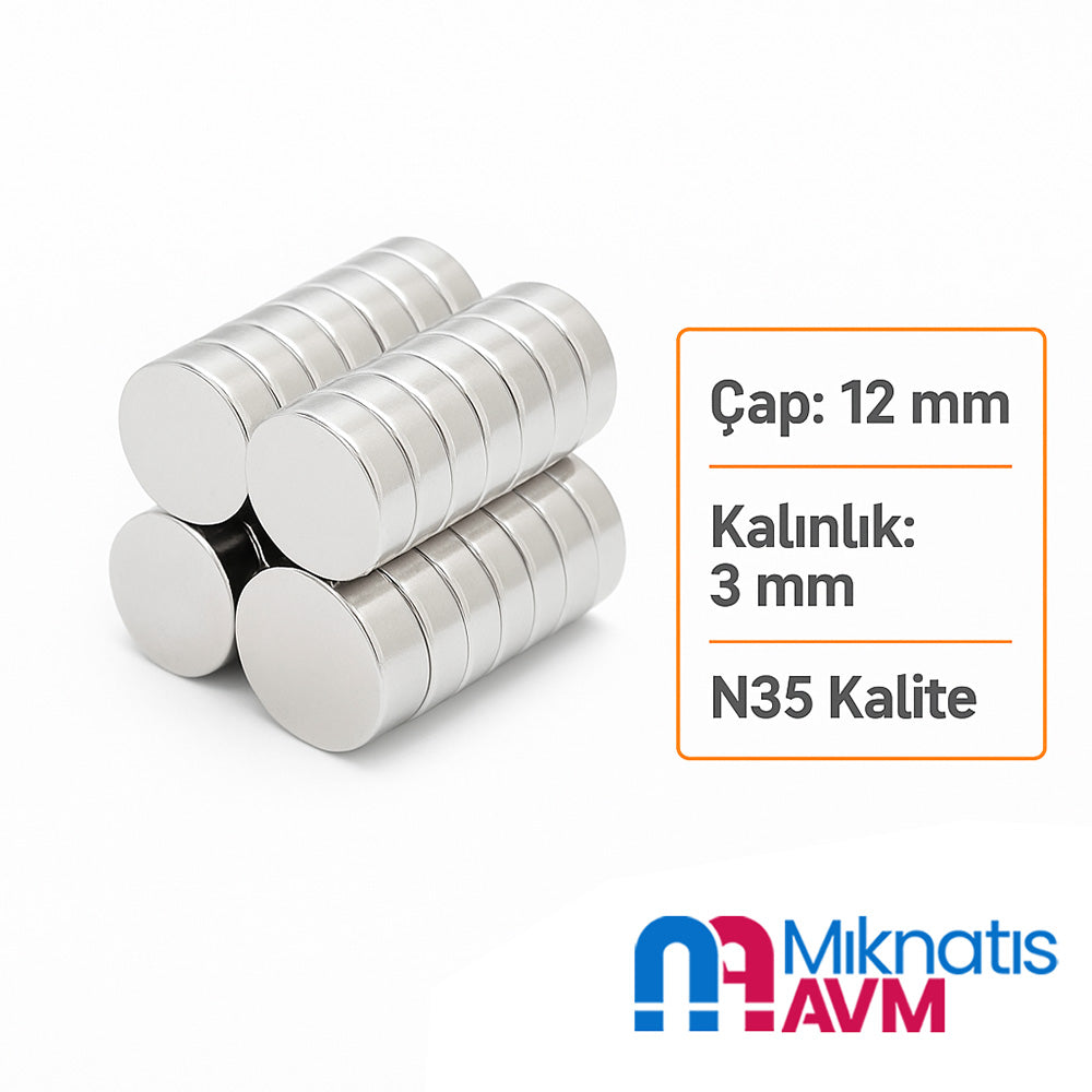 Ø12x3 mm Neodymium Cylindrical Magnet - N35