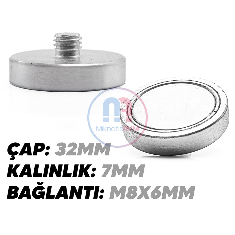 Ø32x7 mm M8x6 Male Threaded Neodymium Pot Magnet – Strong Magnetic Force, Compact Design, Industrial Quality