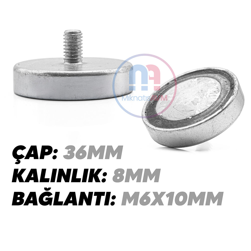 Ø36x8 mm M6x10 Male Threaded Neodymium Pot Magnet – Strong Holding Power, Compact Form, Industrial Grade