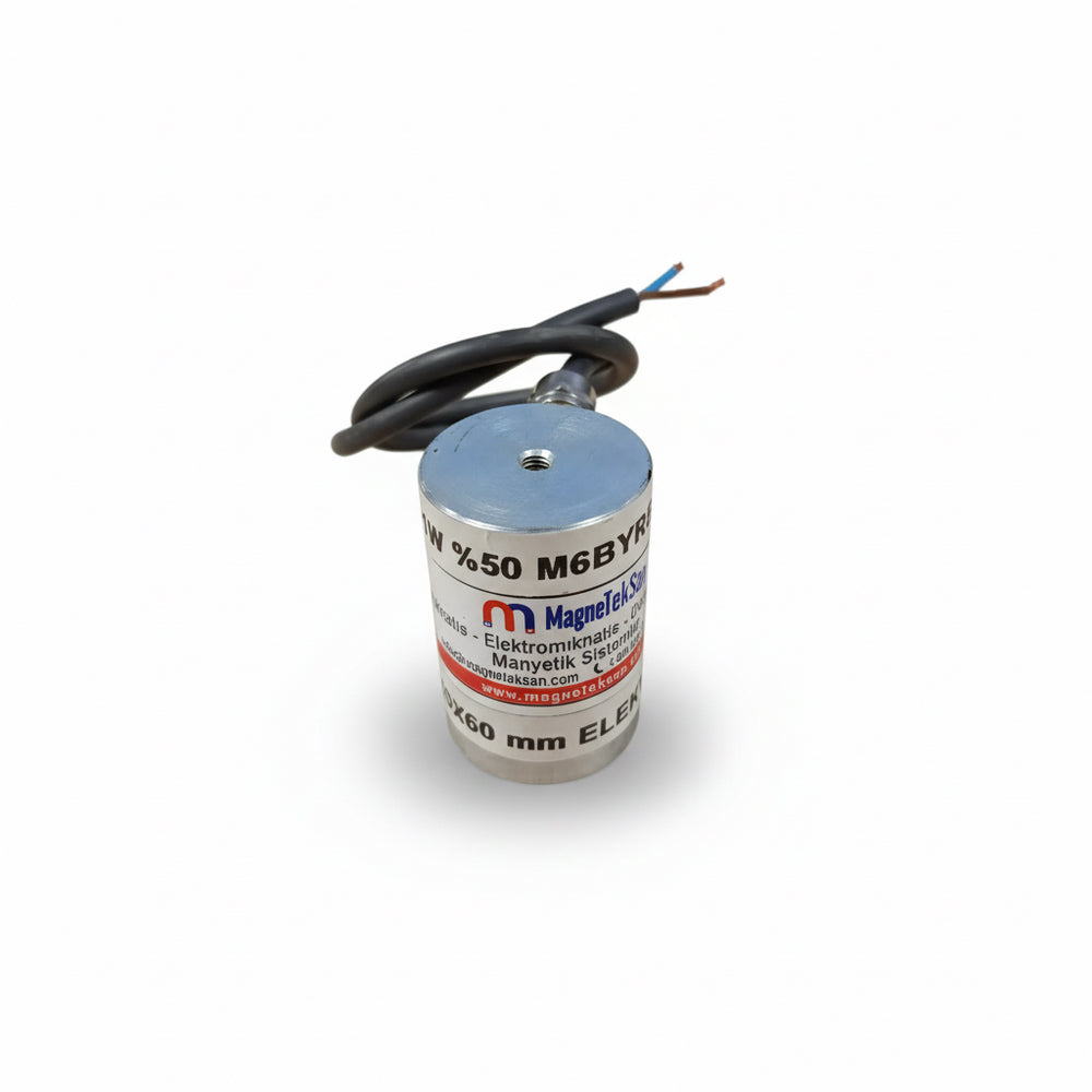Ø40x60 mm 24V Electromagnet – M6 Connected, Side Cable Exit, 100% Operational, Strong Holding Power, Continuous Use Type