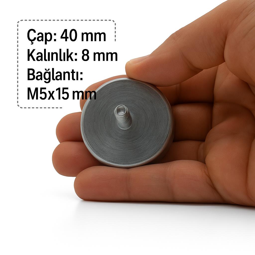 Ø40x8 mm M5x15 Male Threaded Neodymium Pot Magnet – High Pull Force, Compact Design, Industrial Grade