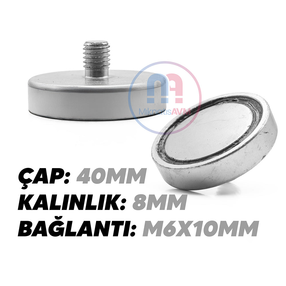 Ø40x8 mm M6x10 Male Threaded Neodymium Pot Magnet – Superior Holding Power, Compact Design, Industrial Grade