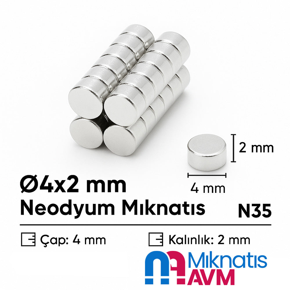 Ø4x2 mm Small Neodymium Magnet - Nickel Coated