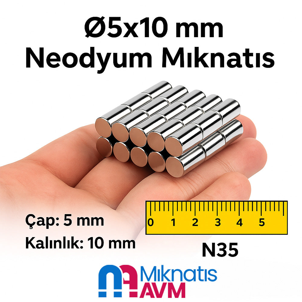 Ø5x10 mm Neodymium Cylindrical Magnet