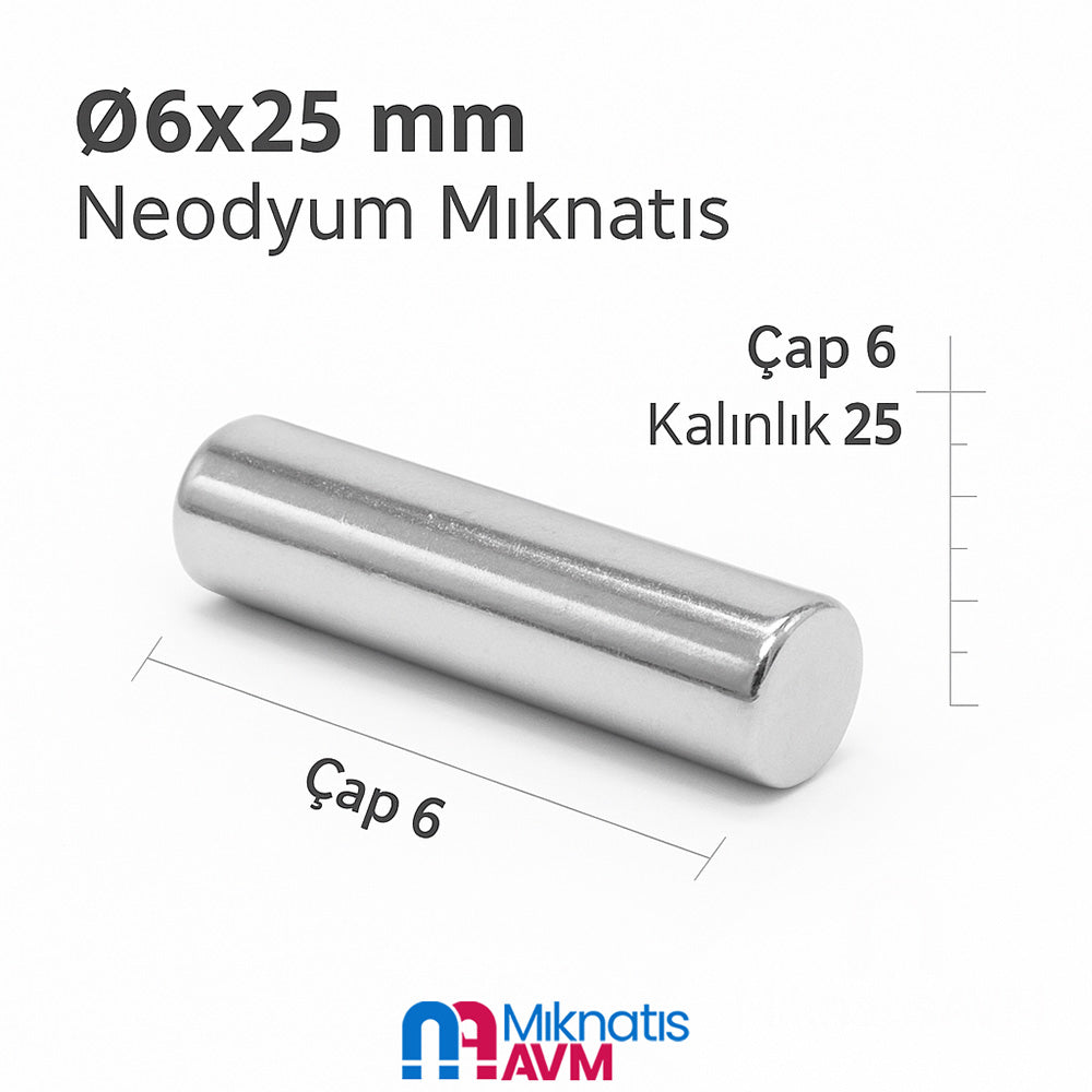 Ø6x25 mm Neodymium Magnet (Diameter 6 mm, Thickness 25 mm)