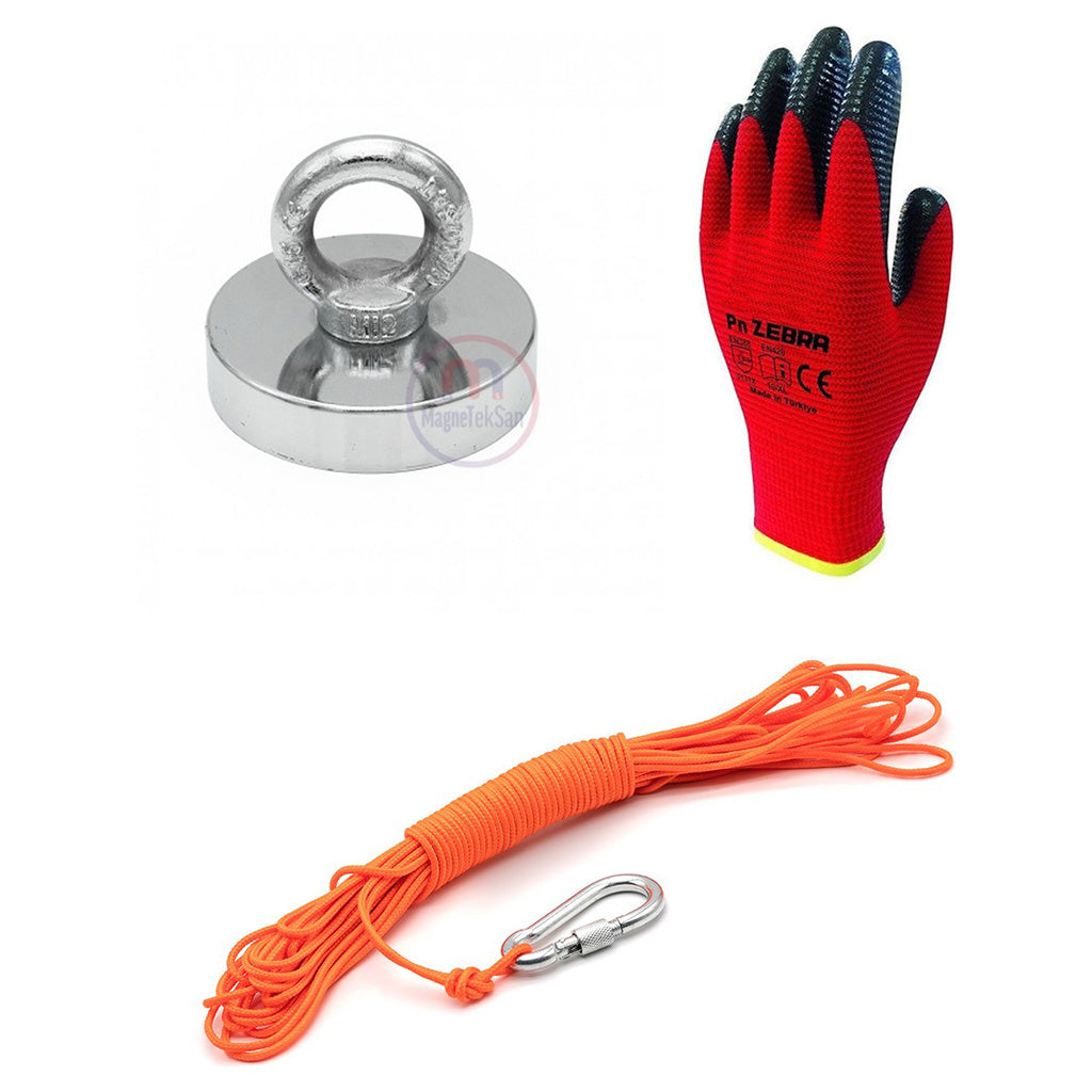Ø80 mm Fishing Magnet - Rescue Magnet with Hook - Neodymium Marine Magnet - Ring Magnet - Carabiner - 25 Meter 6mm Phosphorescent Rope Set