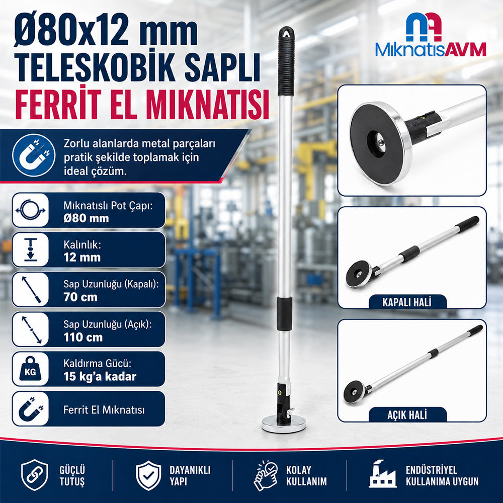 Ø80x12 mm Ferrite Hand Magnet - 15 kg Pulling Force