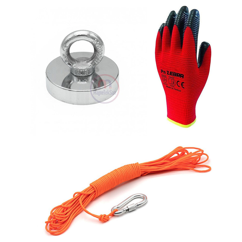 Ø90 mm Neodymium Fishing Magnet – 200 kg Pulling Force - Saltwater Resistant Magnet + 25 m Rope + Carabiner Hook + Glove Set