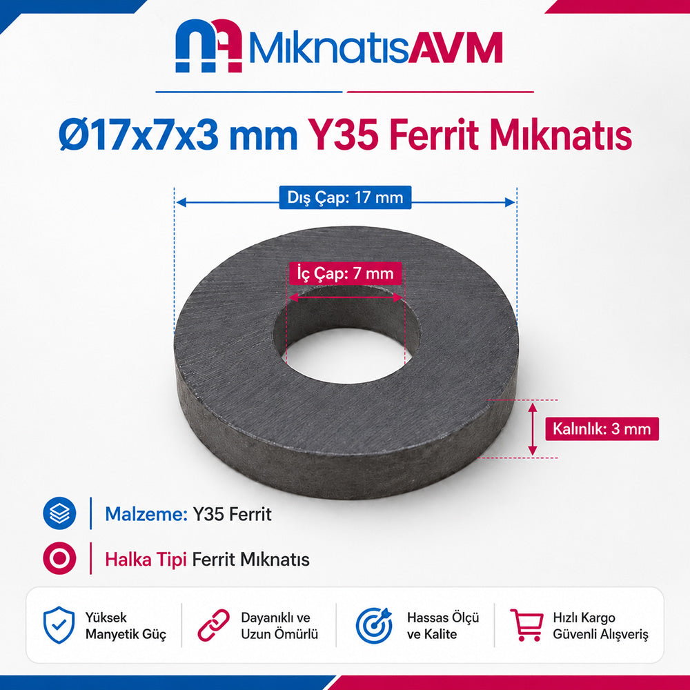 17 mm Outer Diameter, 7 mm Inner Diameter, 3 mm Thickness Y35 Ferrite Ring Magnet