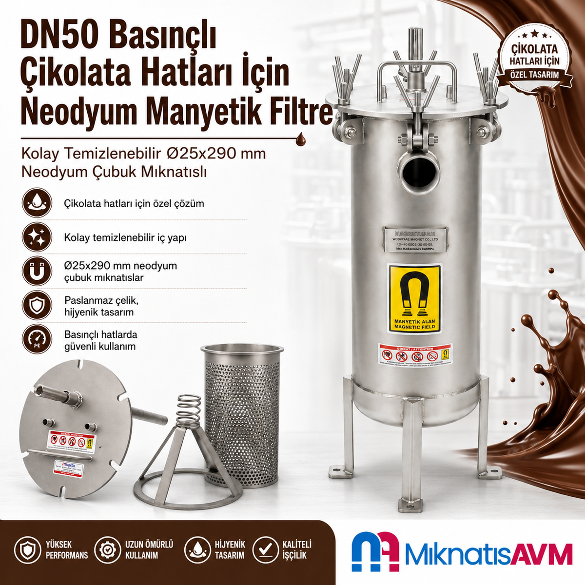 Neodymium Magnetic Filter for Chocolate Lines – DN50, Easy-Clean, with Ø25 × 290 mm Neodymium Magnetic Rods