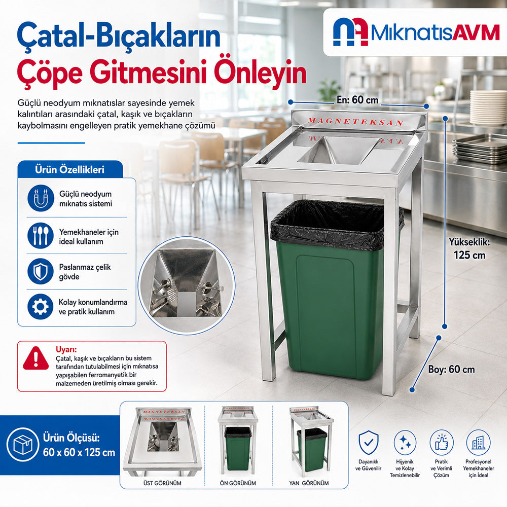 Magnetic Holder for Industrial Kitchens and Cafeterias – Catches Cutlery That Falls into the Waste Bin