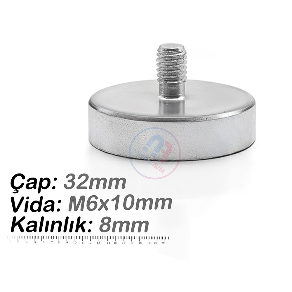 Ø32x8 mm M6x10 Male Connector Neodymium Pot Magnet