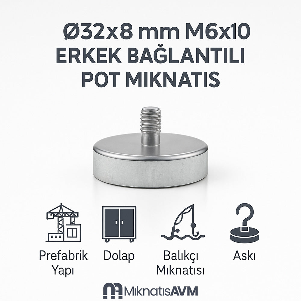 Ø32x8 mm M6x10 Male Connector Neodymium Pot Magnet